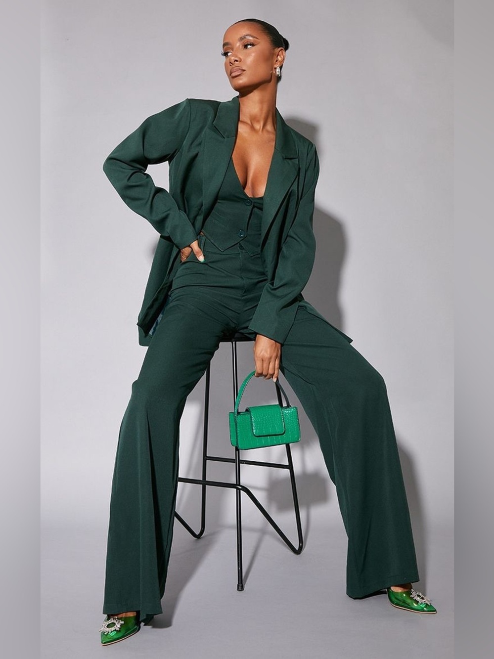 PrettyLittleThing Woven Double Belt Loop Forest Green Women's Wide-Leg Suit 8